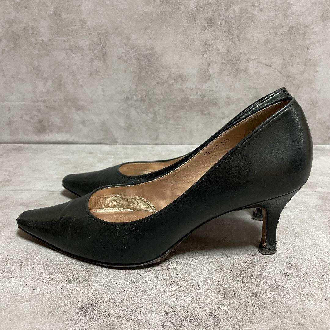 銀座かねまつ】（22.5E）ポインテッドトゥパンプス ブラック レザー