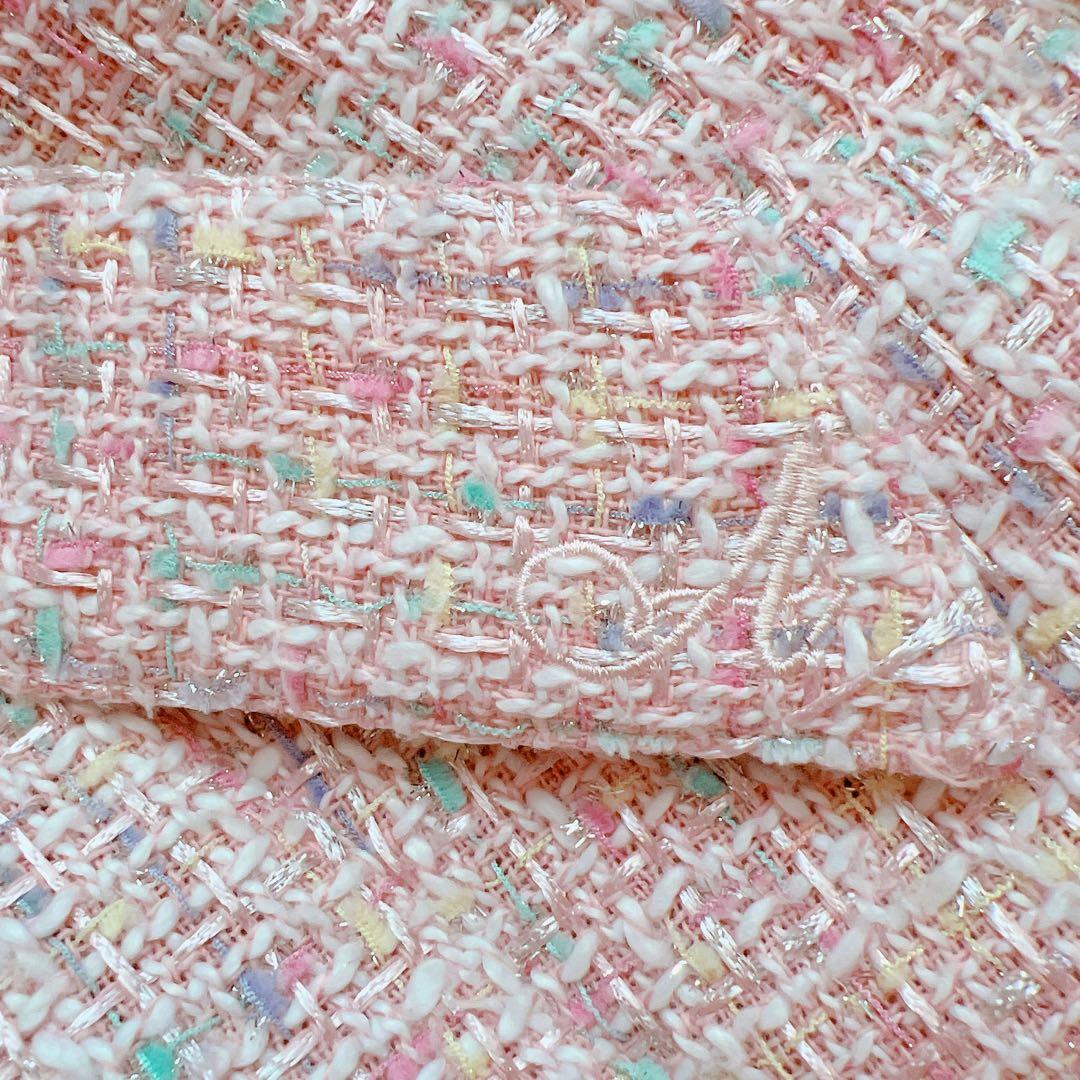 areeam ピンク系ミックスツイード長袖マキシワンピース 異素材 ベルト