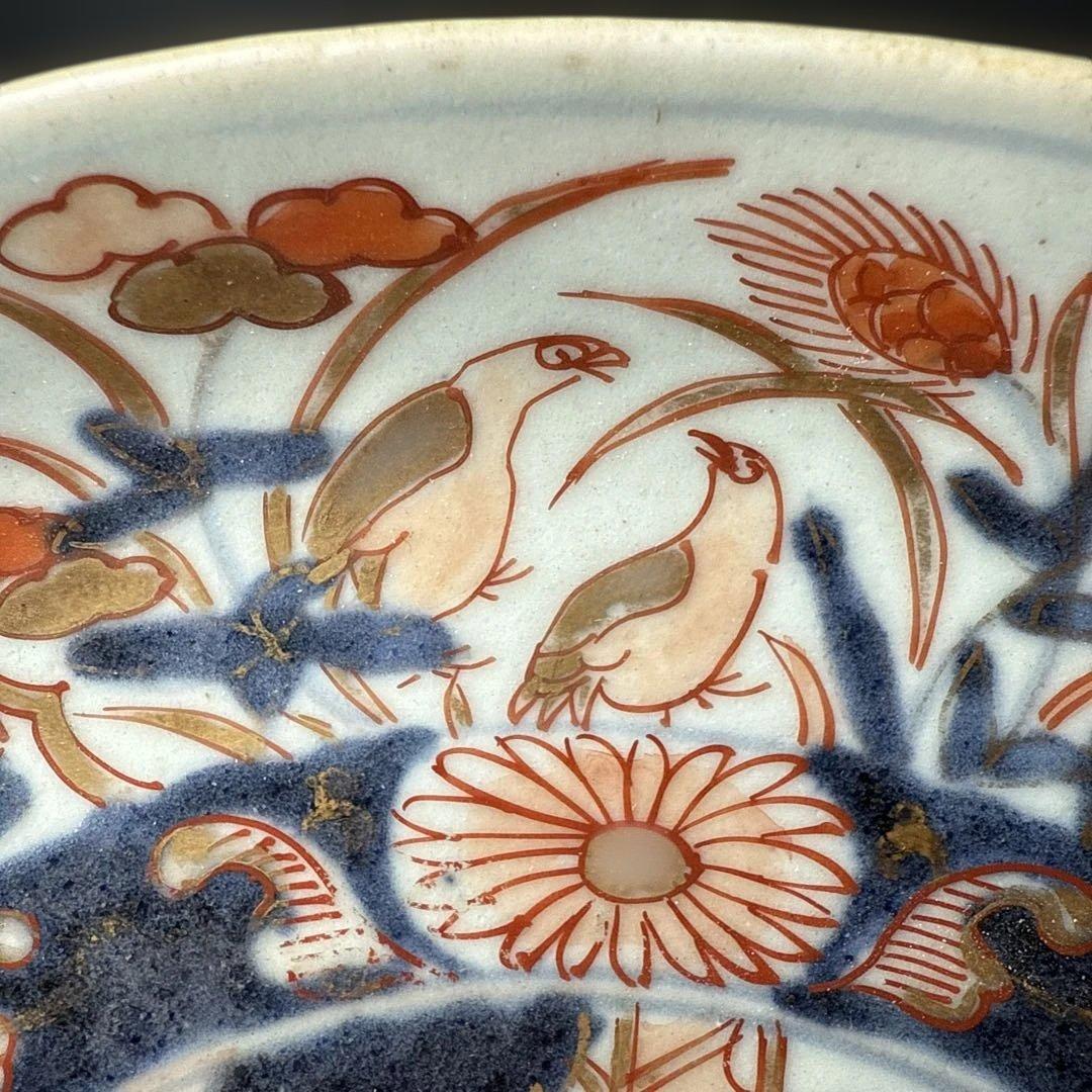 元禄伊万里 色絵花鳥図七寸皿 建築物 金蘭手 赤絵 裏椿文 状態◎ 蒐集