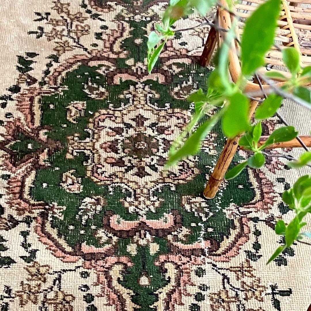 メダリオン113×199カーキ リッチwool グリーン トルコヴィンテージラグ