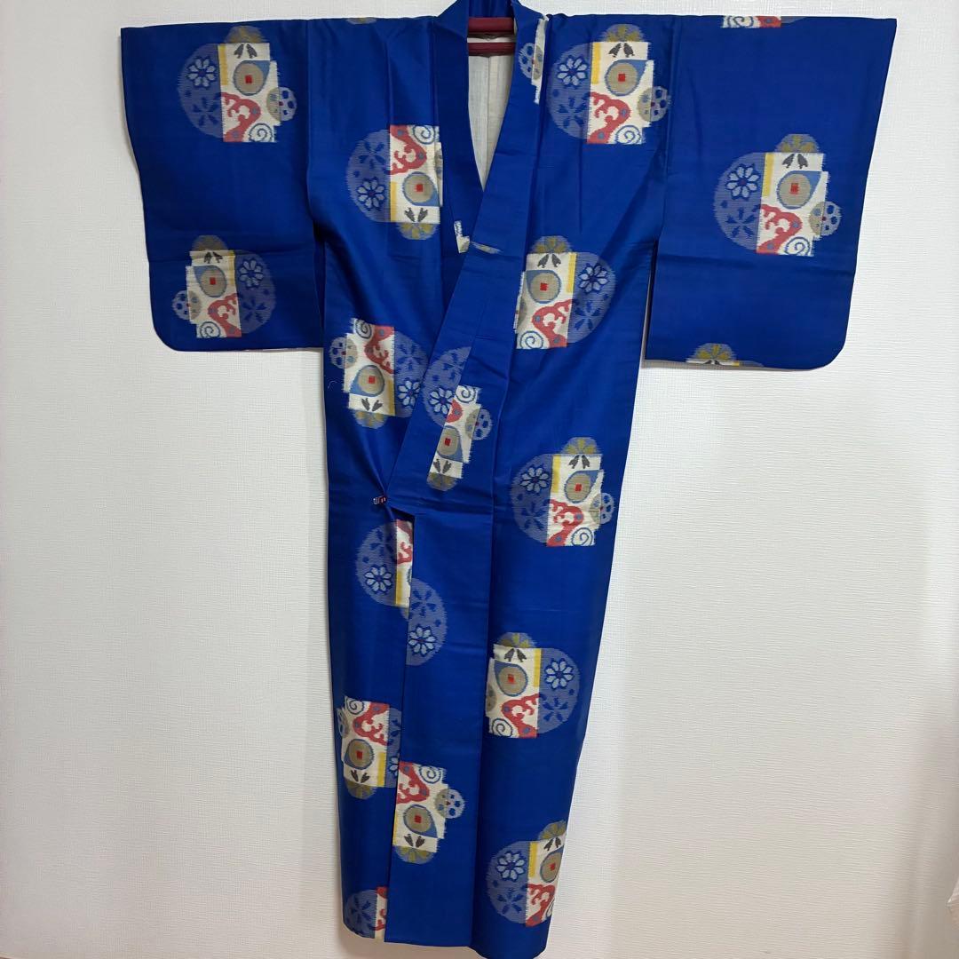 極美品】【銘仙】【単衣】身丈157 ロイヤルブルー 幾何学丸紋 トール