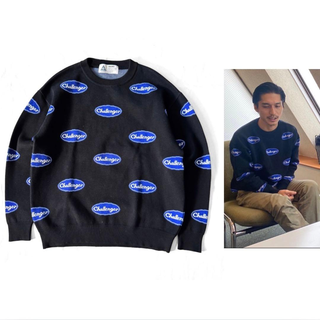 CHALLENGER ロゴ ニット 総柄 オーバル スウェット 極美品 錦戸亮着 モールドッグジャガードニット【Youtube紹介アイテム】