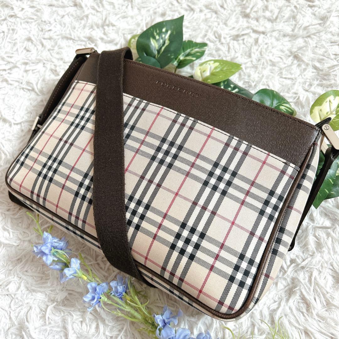 美品⁂バーバリー⁂ショルダーバッグ　キャンバスレザー　ノバチェック　ブラウン Burberry バーバリー ヴィンテージ ブラウン レザー ノバチェック