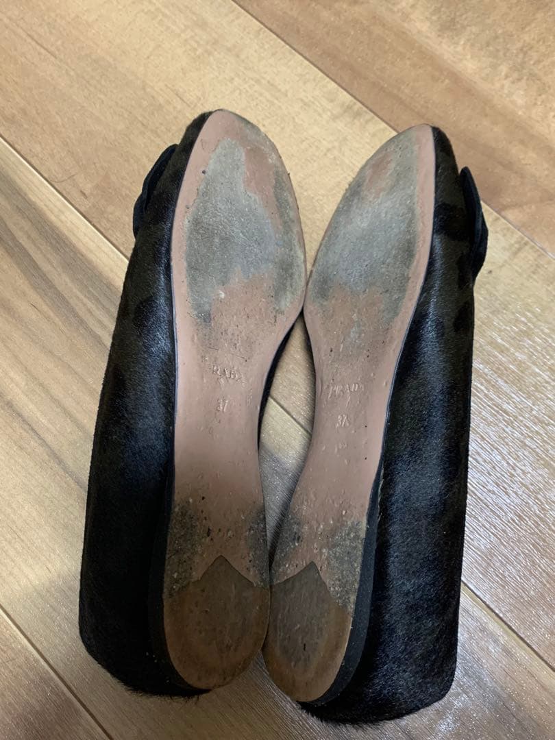 PRADA プラダ リボン付き フラットパンプス ブラック ハラコ調 37