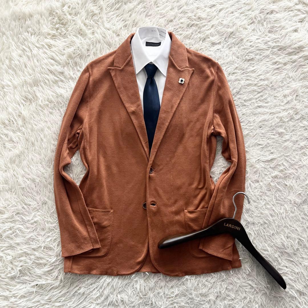 <美品> LARDINI オレンジ コットン ニットジャケット サイズXL LARDINI（ラルディーニ）コットンミラノリブソリッドニットジャケット
