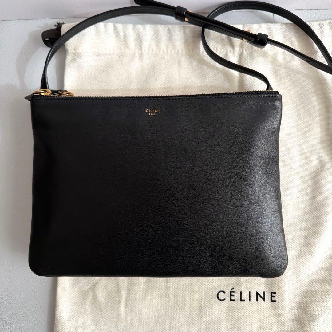 美品 CELINE セリーヌ 旧ロゴ トリオ ラージ 黒 ショルダー 保存袋 CELINE - CELINE セリーヌ トリオ ラージ ショルダー バッグ 旧ロゴ