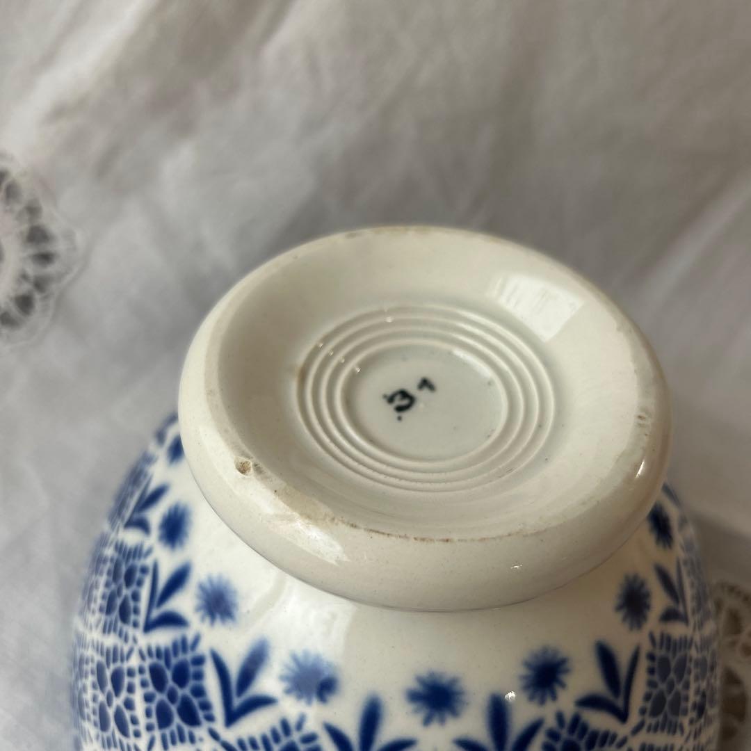 希少】モロッコ柄 レース柄 青色カフェオレボウル フランス