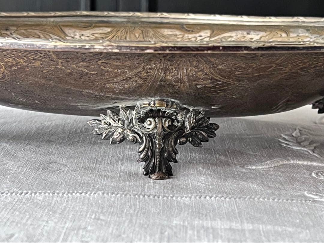 美品】フランスアンティーク リボンモチーフ シルバー 大きなトレー[3675]