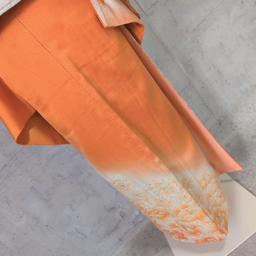 訪問着 フルセット 着物 正絹 オレンジ 橙 明るい 金駒刺繍 O8 - メルカリ