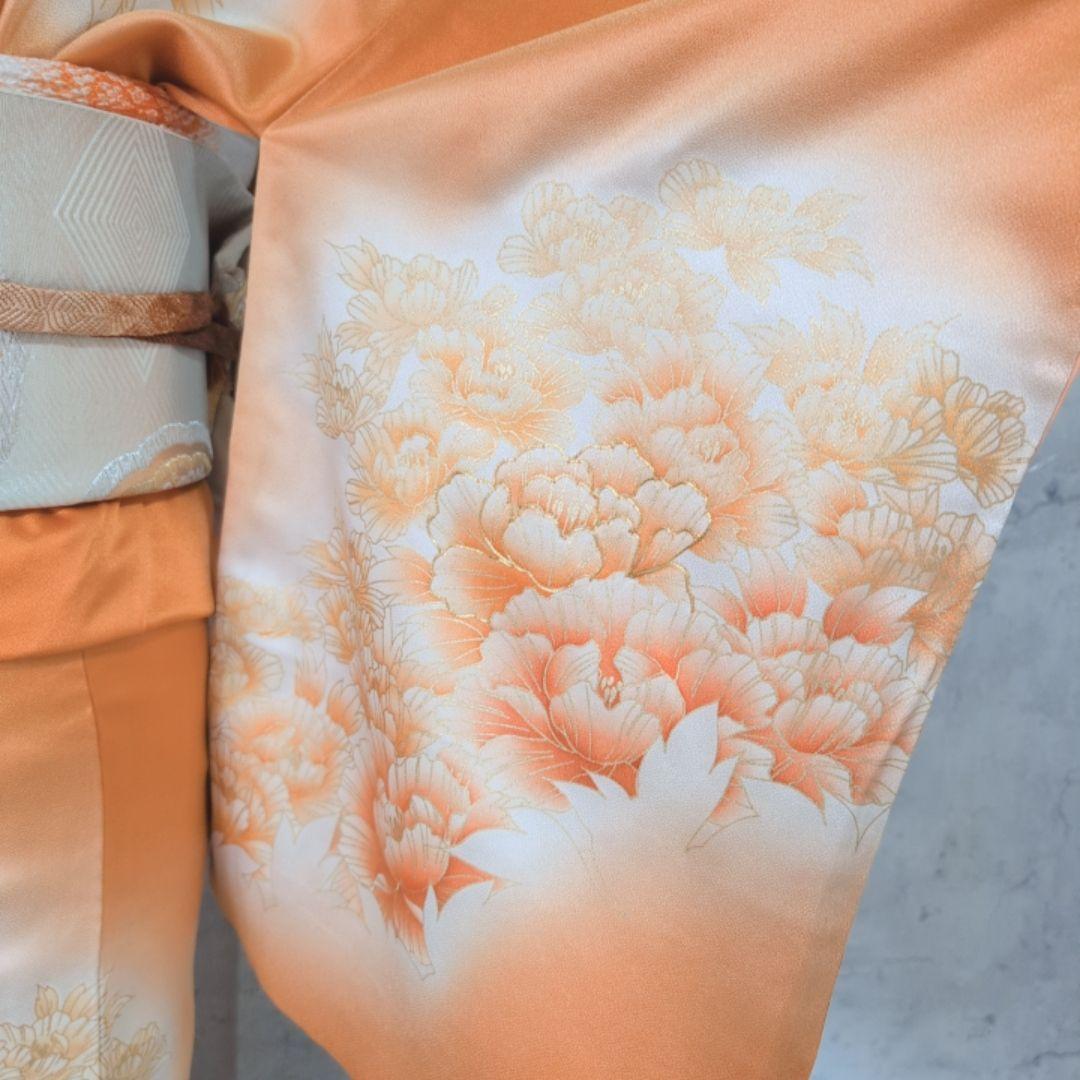 訪問着 フルセット 着物 正絹 オレンジ 橙 明るい 金駒刺繍 O8 - メルカリ