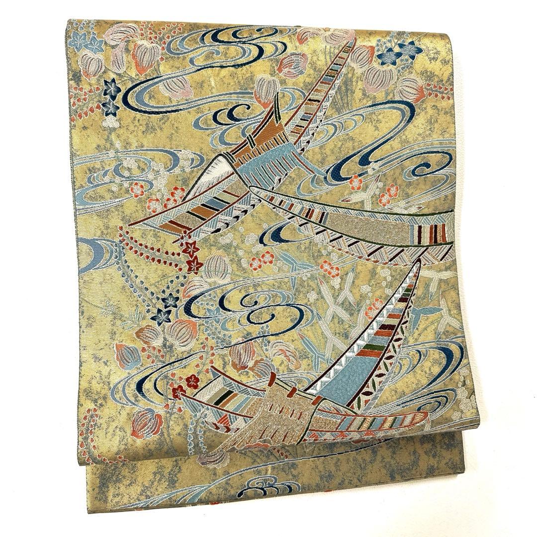 帯6522 ○東京友禅 熊谷好博子 水辺船の園 高級 正絹 太鼓六通 袋帯