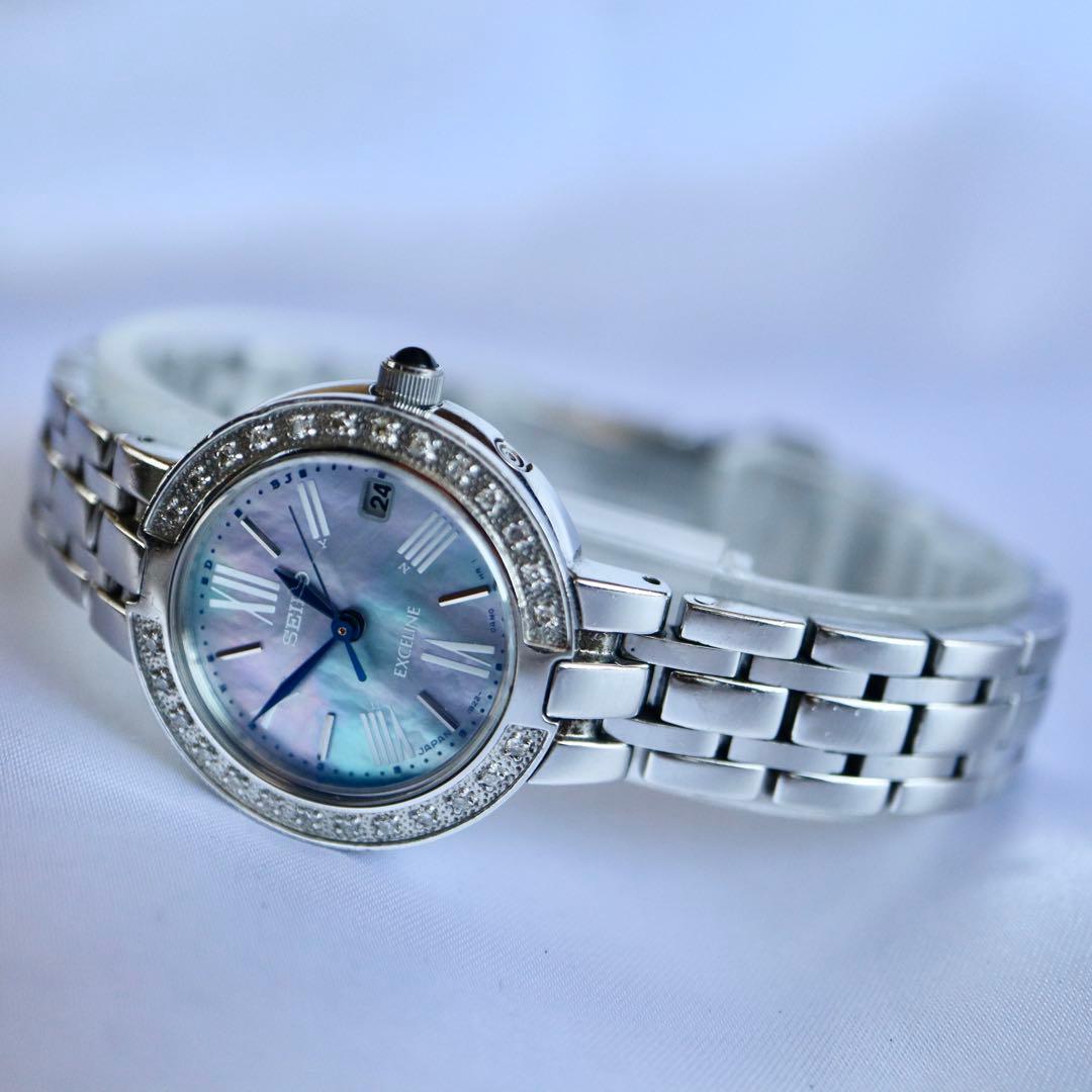 SEIKO エクセリーヌ ソーラー電波 シェル ダイヤベゼル 腕時計 1482