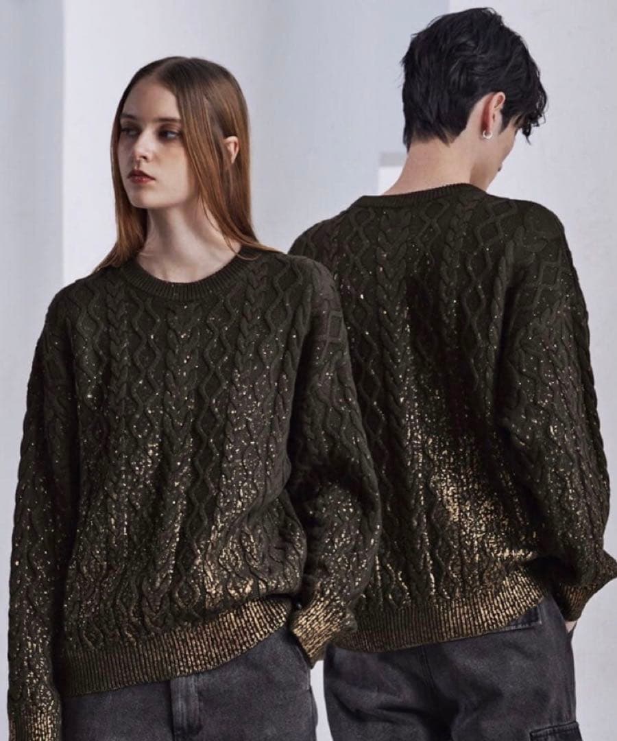 CLEL 箔プリントケーブルクルーネックニット ブラウン S CLEL】Foil Print Cable Crew Neck Knit / 箔プリント ケーブルクルー