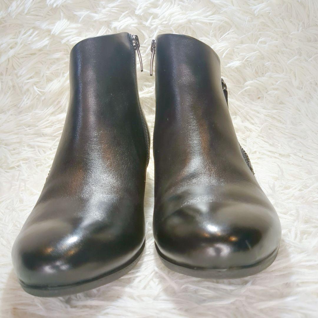 極美品 ecco (22.5) エコー ダブルジップ レザーショートブーツ 黒