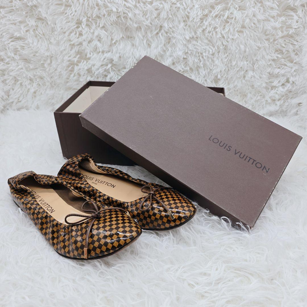 ルイヴィトン ダミエ 本革 パテントレザー リボン バレエシューズ 23.5cm