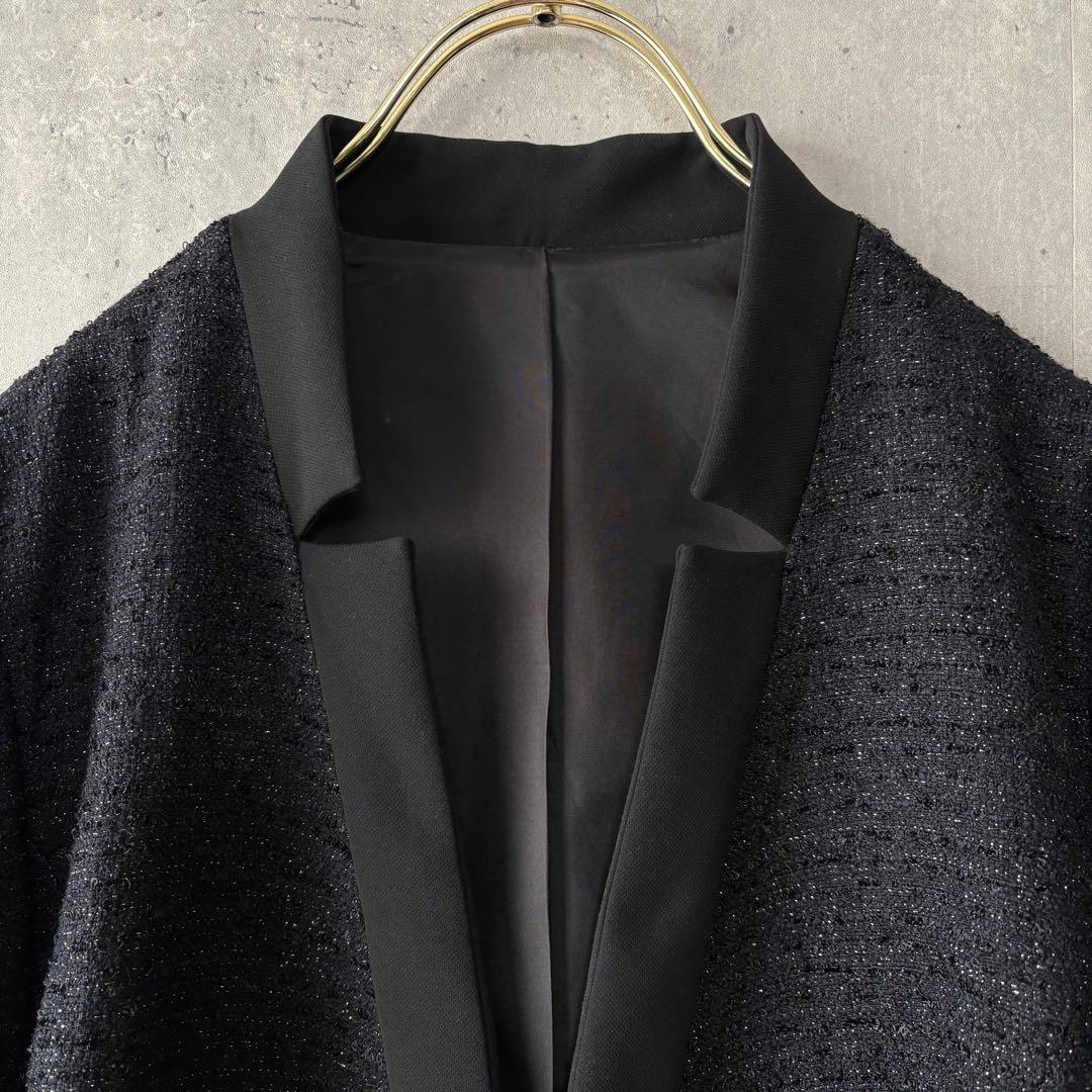 レリアン Leilian ツイードノーカラージャケット ラメ ネイビー 13L
