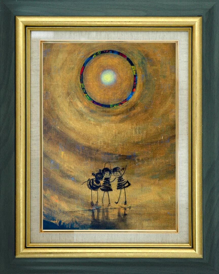 油絵 菅家令子 絵 絵画インテリア額付(青緑＋金色の枠) F4-081014子供 油絵 菅家令子 絵 絵画インテリア額付(青緑＋金色の枠) F4-081014