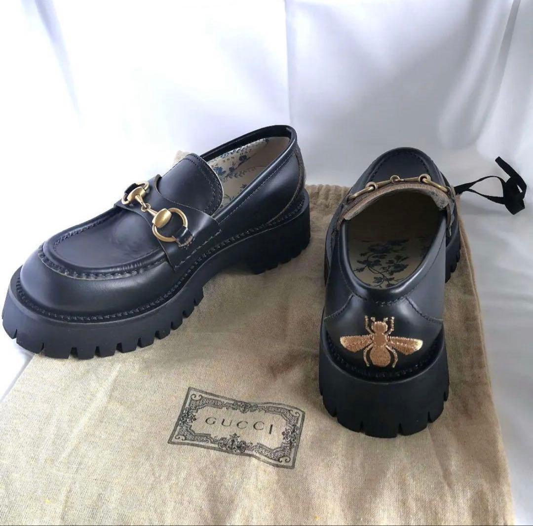 美品 GUCCI レザー ローファー ホースビット ビー刺繍 22.5cm 黒