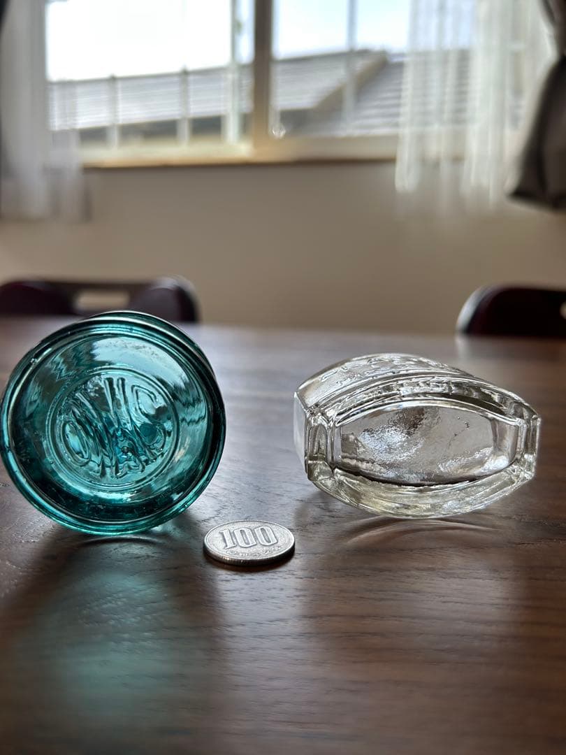 昭和レトロ 青色とクリアのガラスインク瓶セット ボトルディギング