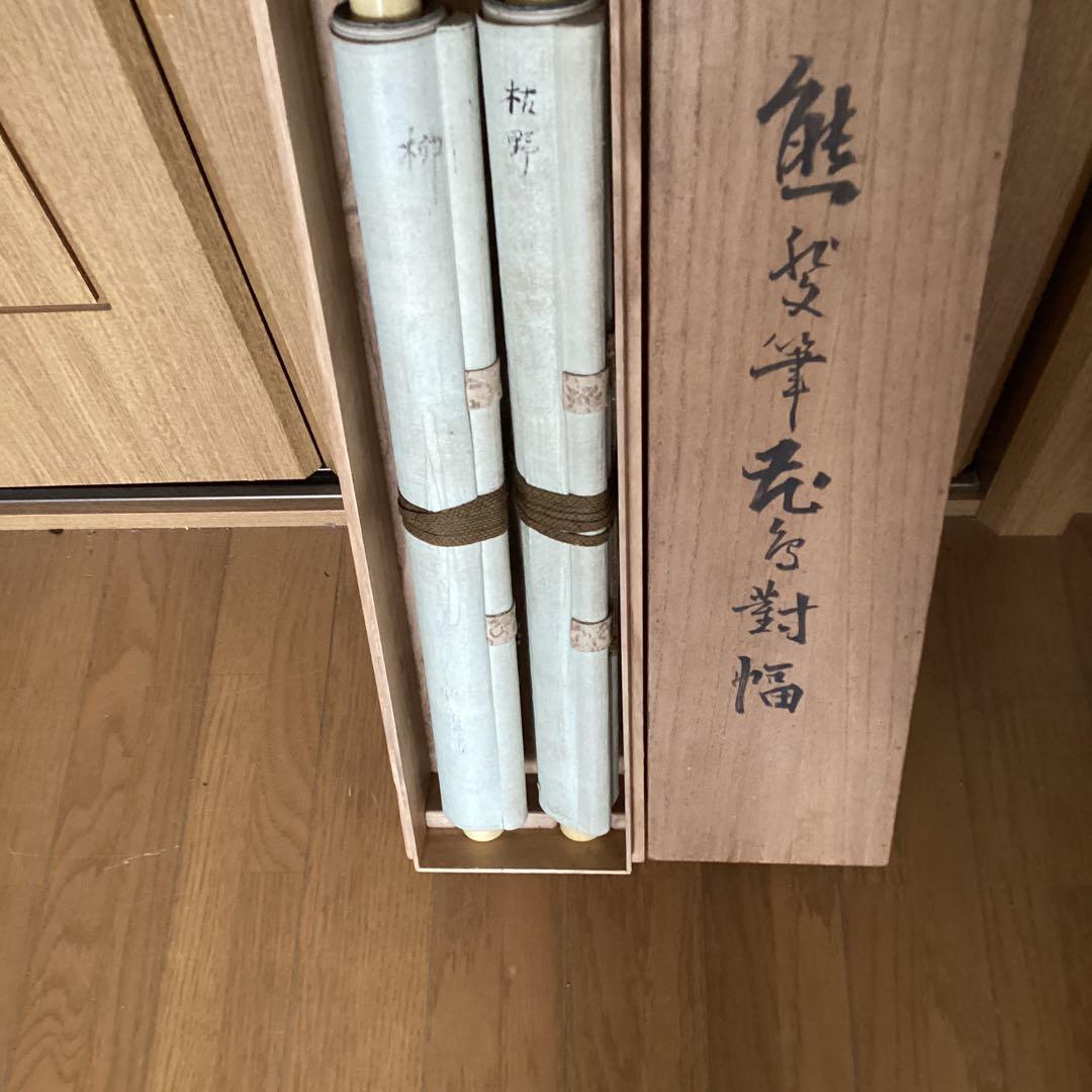 熊代熊斐 彩色画 絹本【花鳥画 叭 叭 鳥 双幅 】 肉筆画 保存箱 439