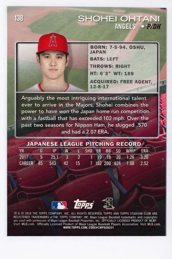 2018 Topps Stadium Club 大谷翔平 ルーキー【美品】 - メルカリ