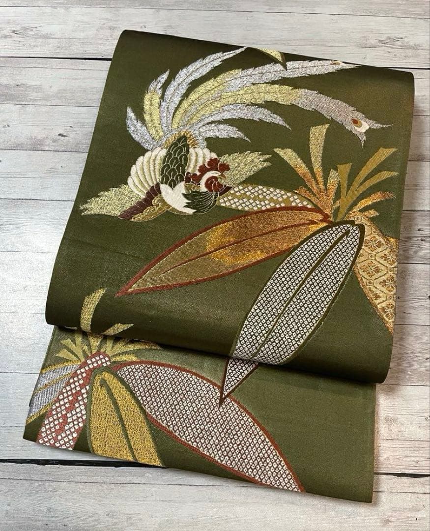 正絹 唐織 六通柄袋帯 鳳凰笹文様 '華飾' 金銀糸 艶やかな海松色 美品