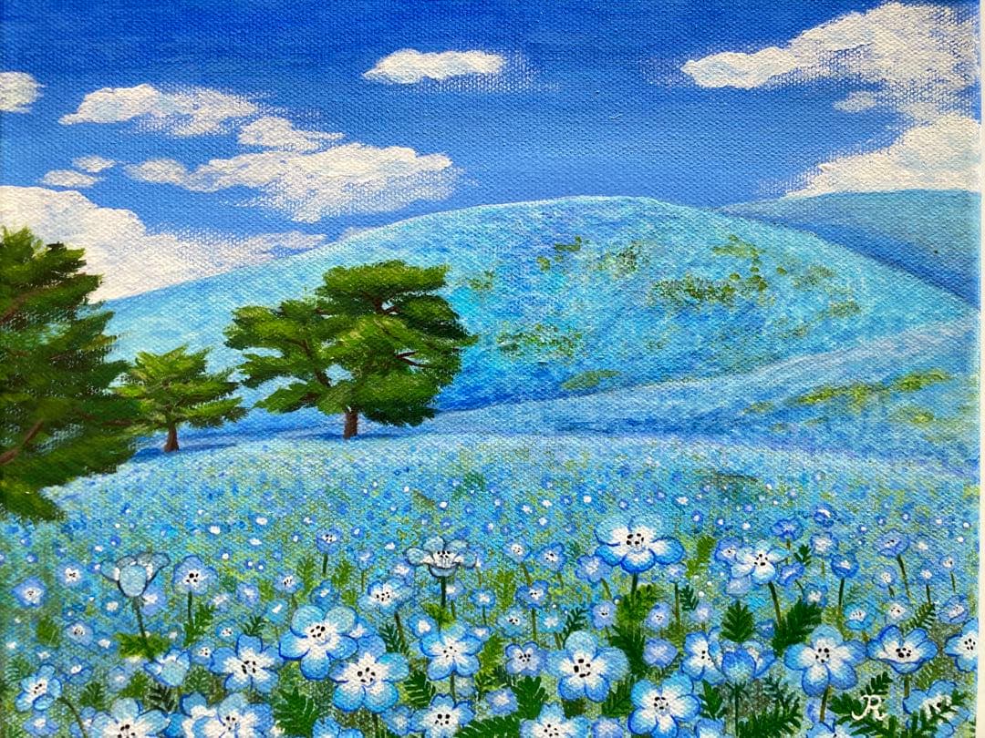 花の絵 風景画 アクリル画 原画 「ネモフィラの青い丘」F3 - メルカリ