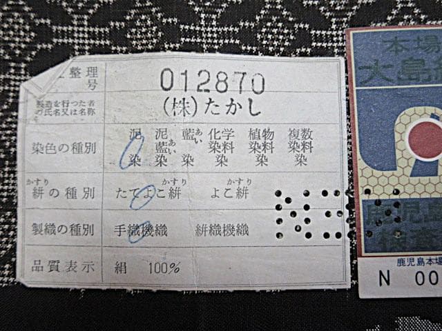 本場泥大島紬証明書：美品：七宝つなぎ模様：こげ茶：袷着物：しつけ糸