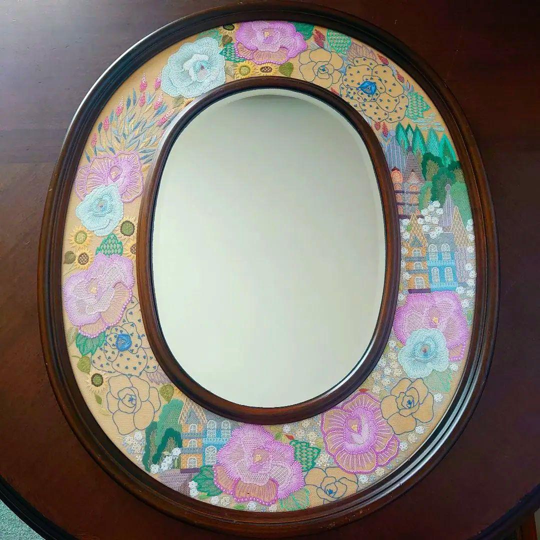 フランス雑貨　鏡　花　刺繍　レース　大型ミラー　木製フレーム　オーバル型 U152 フランスBrocante 木製フレーム オーバルミラー 鏡