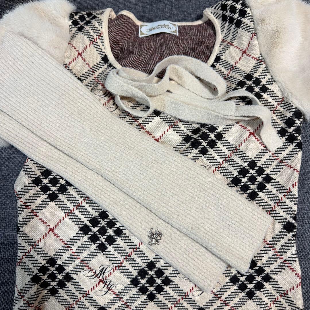 ミシェルマカロンファースリーブチェックニットトップス free size