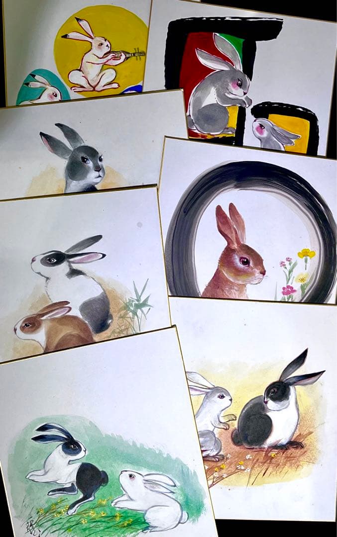 中国著名画家：李庚画伯の肉筆色紙作品（2枚）と芸大先生の肉筆色紙