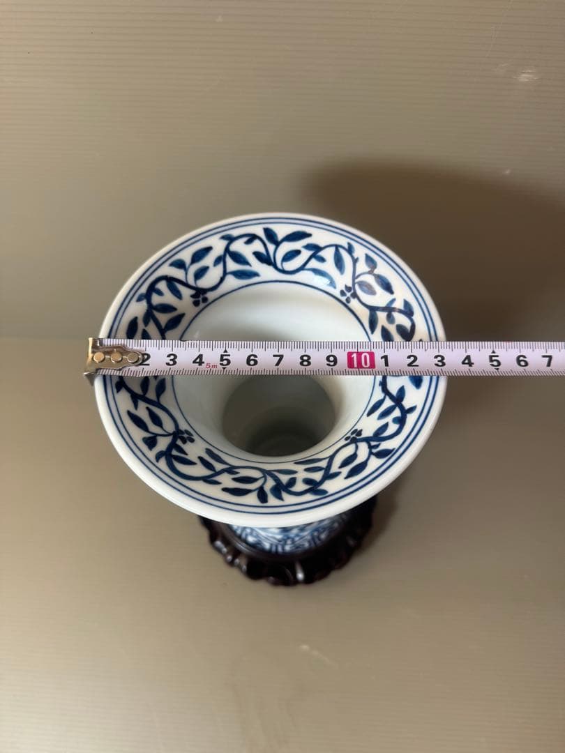 2903 中国骨董 大明萬暦年製銘 染付唐草青花 花瓶 花台付 時代物