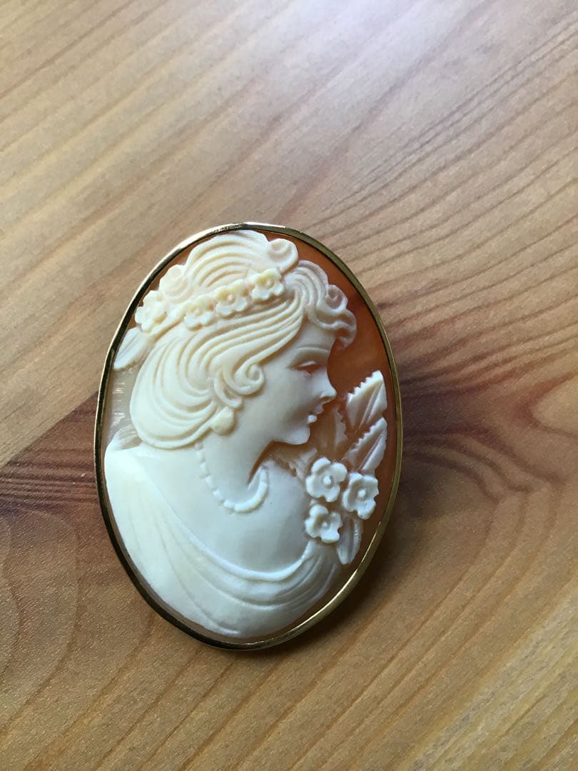18K ヴィンテージ シェルカメオ 女性横顔 ペンダントトップ ブローチ