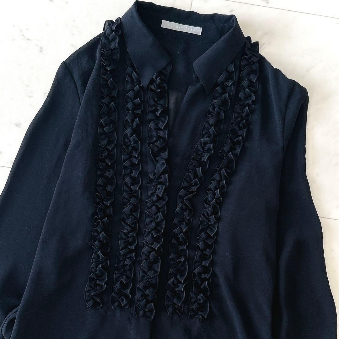 美品 セオリーリュクス フリル 長袖ブラウス とろみシャツ シアー