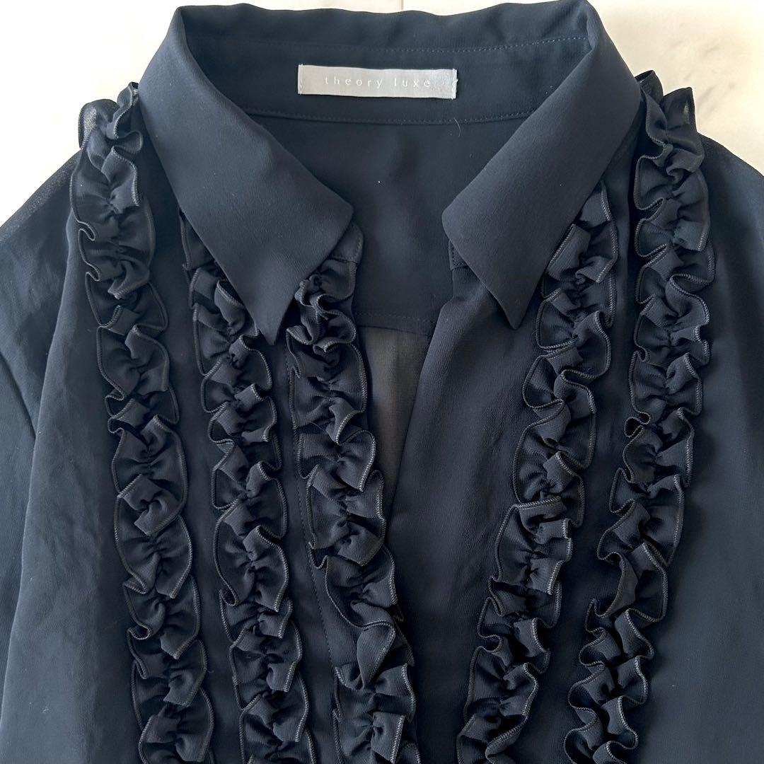 美品 セオリーリュクス フリル 長袖ブラウス とろみシャツ シアー