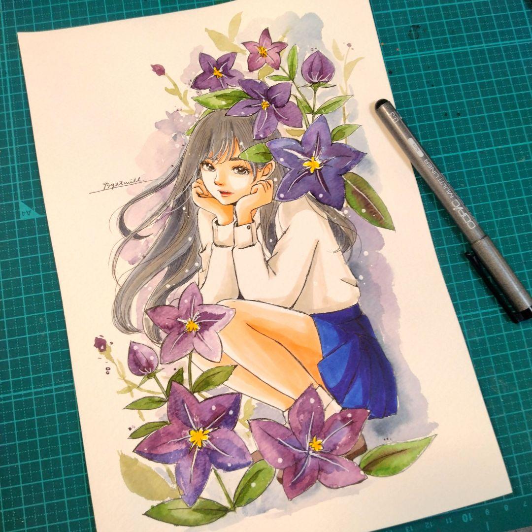 アクリル画 月と桔梗 アクリル画 月と桔梗