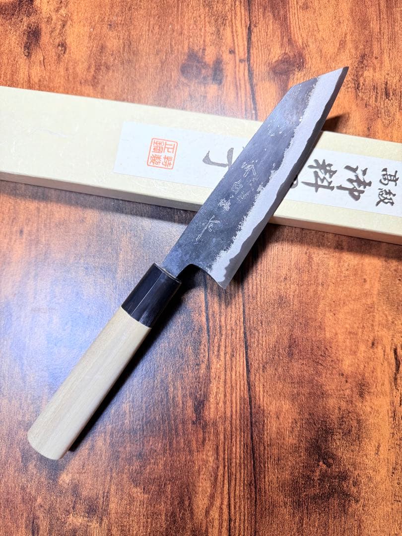 堺白鶴作文化包丁黒打青鋼水牛角柄