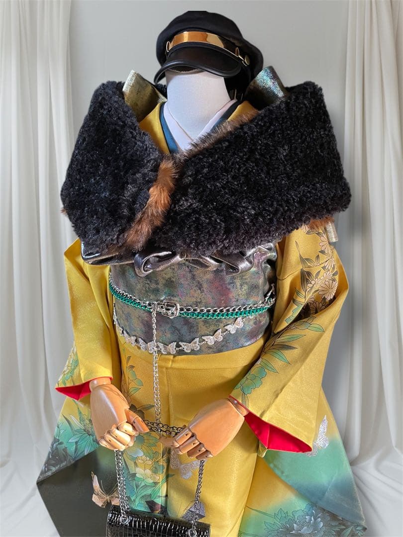 山本寛斎 ファーショール付き イエローグリーン 振袖 フルセット