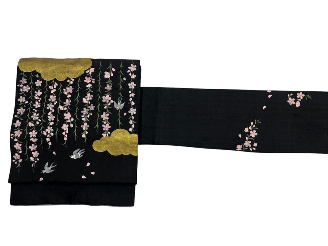源如繻子アンティーク名古屋帯◇黒地 雲取りに枝垂れ桜とツバメ - メルカリ