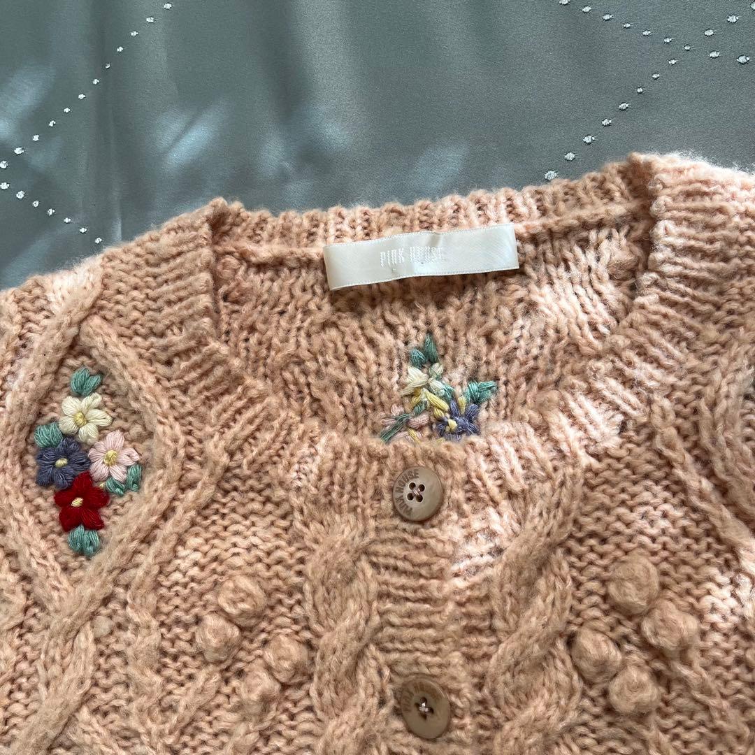 古着 ピンクハウス 花刺繍 ローゲージ手編み アランニット ピンク