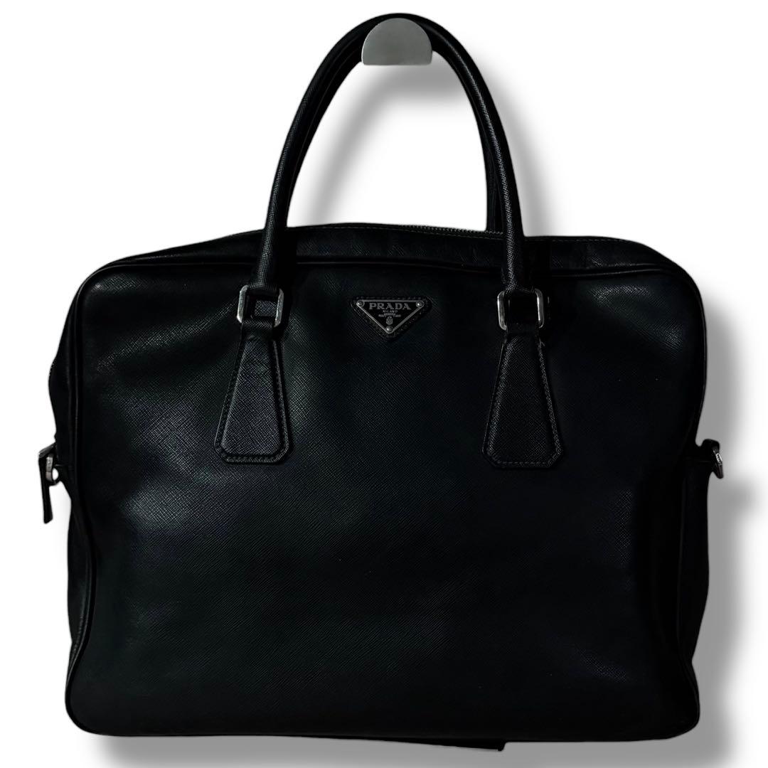 良品 PRADA プラダ サフィアーノ レザー ビジネス バッグ A4 ロゴ 黒