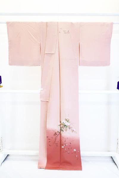 未使用品 訪問着 縮緬地 薄ピンク 手描き友禅 枝花 身丈166cm