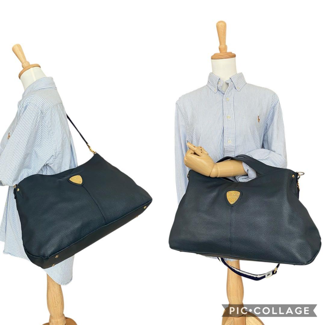 極美品 アタオ エルヴィ A4可 2way ショルダーバッグ ネイビー レザー