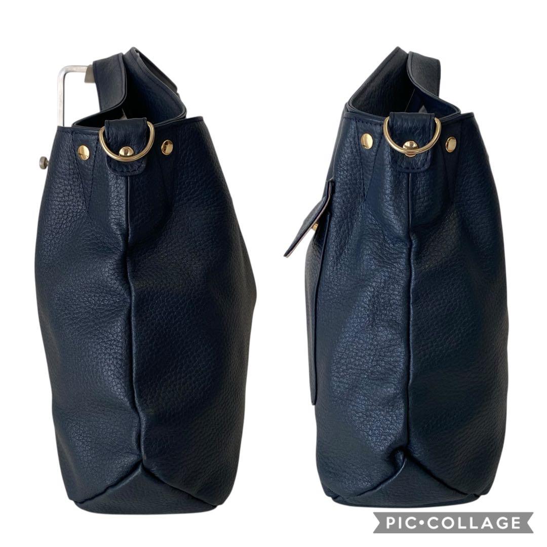 極美品 アタオ エルヴィ A4可 2way ショルダーバッグ ネイビー レザー