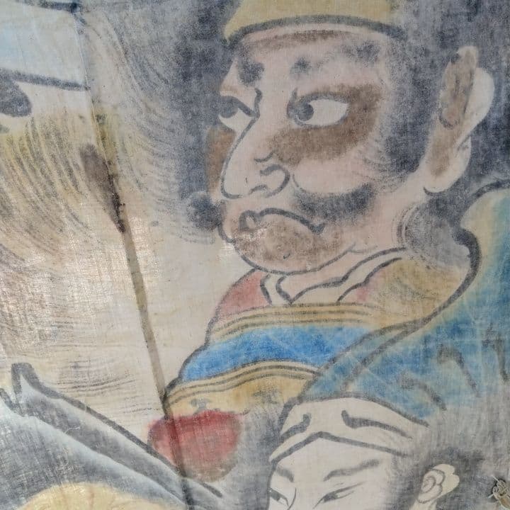 襤褸古布明治時代 のぼり旗手書き、珍品 家紋 襤褸古布藍染