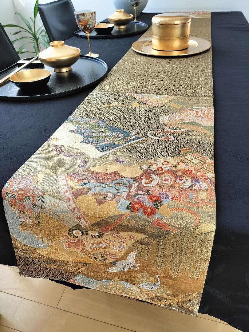 A645☆逸品‼️豪華刺繍‼️ひな祭り‼️袋帯正絹テーブルランナー2m20cm