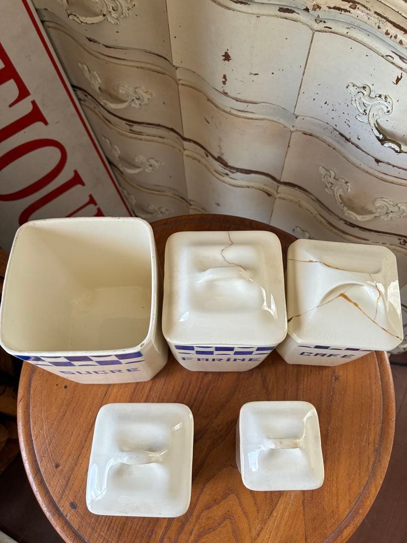 FJ様専用アンティーク 陶器 キャニスター ブルー 市松 バドンヴィレー