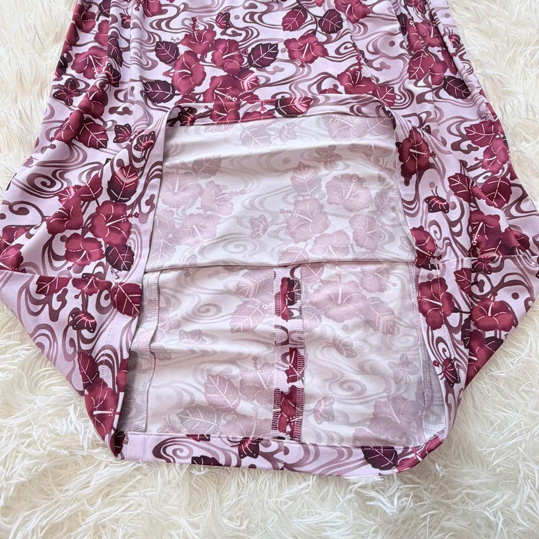 美品 9号 kayme ケイミー 紅ハイビスカス ツイストワンピ 花柄 ピンク
