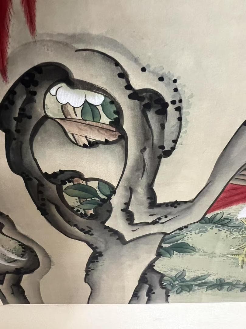 田中 野夫専用 水墨肉筆 錦鶏花葉太湖石図 南田沈銓 掛軸 中国美術(Y