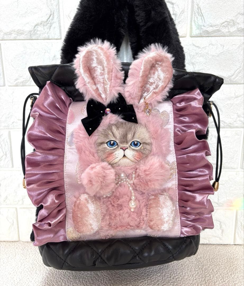 あ*こ様 コヤンイサムチョン　丸底巾着ファーバッグ　ルミちゃん　ピンクうさちゃん ⑤⑤まーるいフォルム＊ラウンドバッグ/トートバッグ♡コヤンイサム